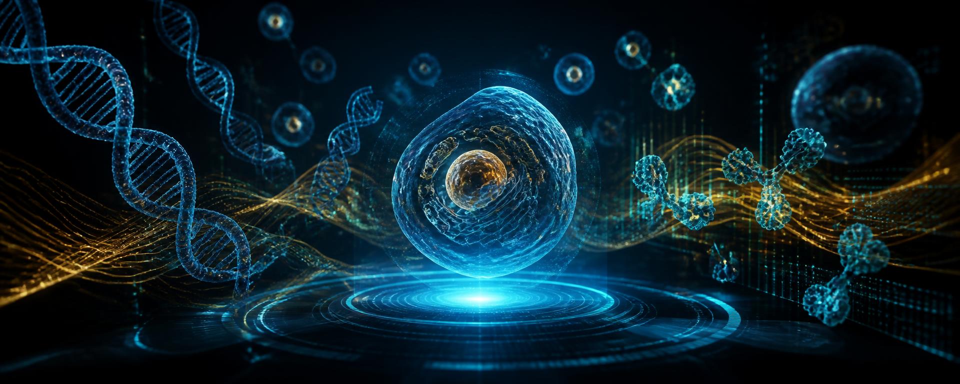 Holographic cell and DNA structures glowing above a futuristic data platform