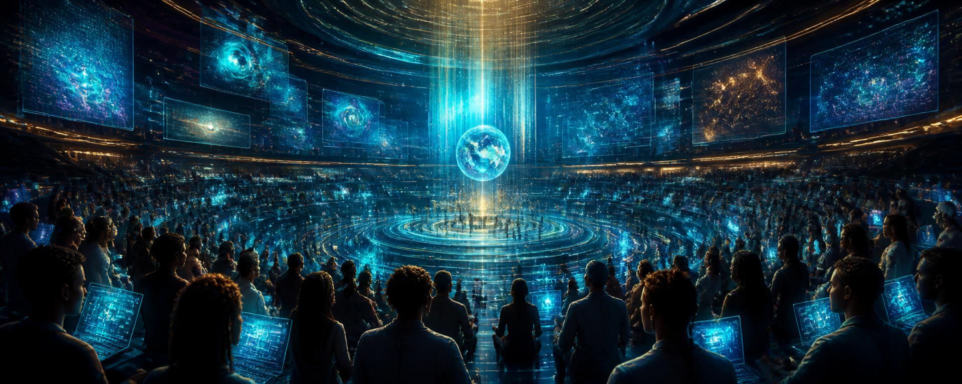 A large audience in a glowing holographic amphitheatre with floating data panels