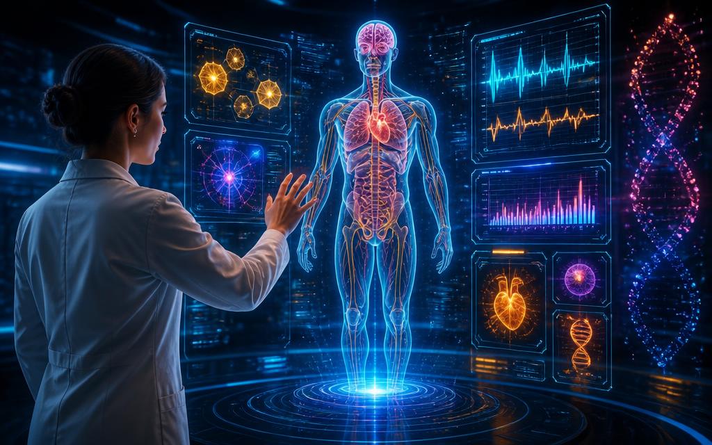 Futuristic scene of a clinician reading a holographic body scan and biomarker charts