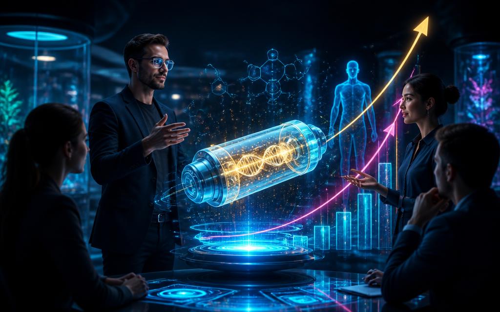 Futuristic scene of founders presenting a glowing biotech prototype and growth curves