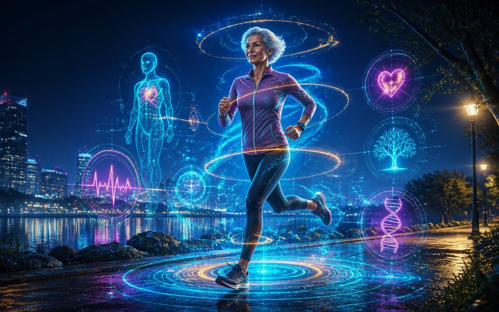 Futuristic scene of an active older person running inside glowing holographic health rings