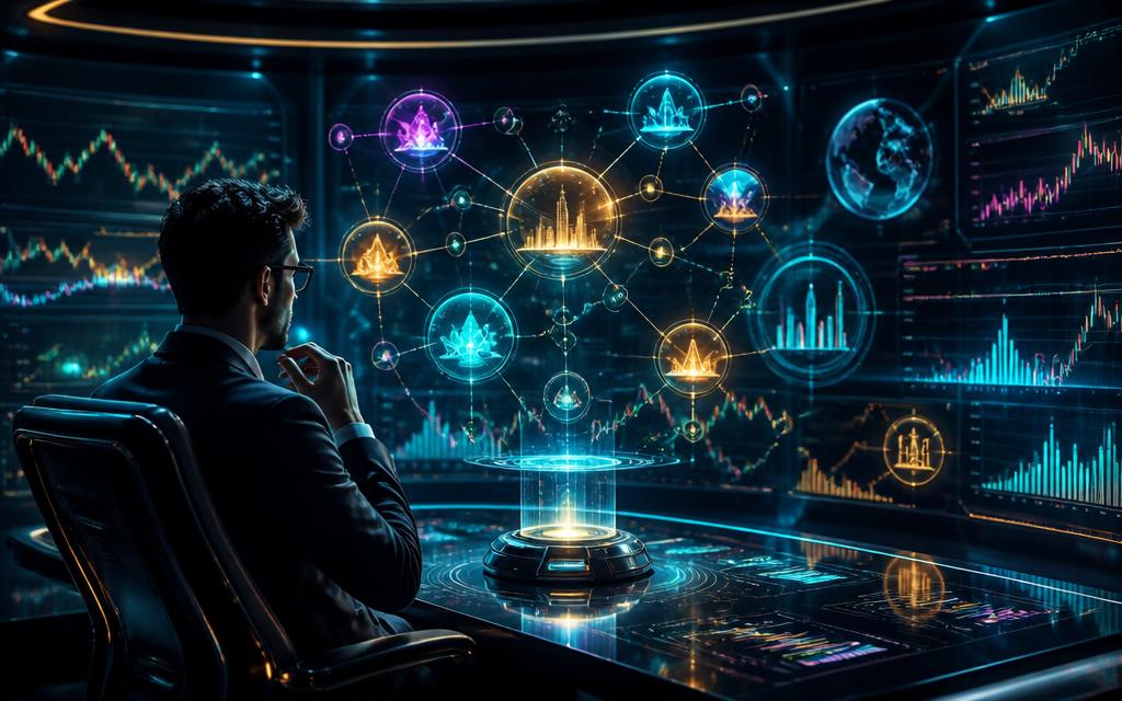 Futuristic scene of an investor reviewing holographic portfolio charts and networks