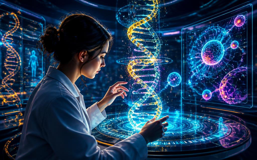 Futuristic scene of a longevity scientist studying glowing holographic DNA and cells