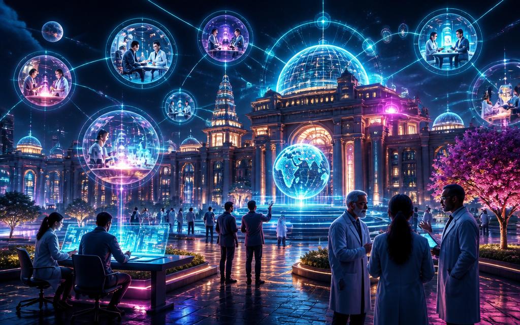 Futuristic scene of academics on a glowing campus linked by holographic research networks
